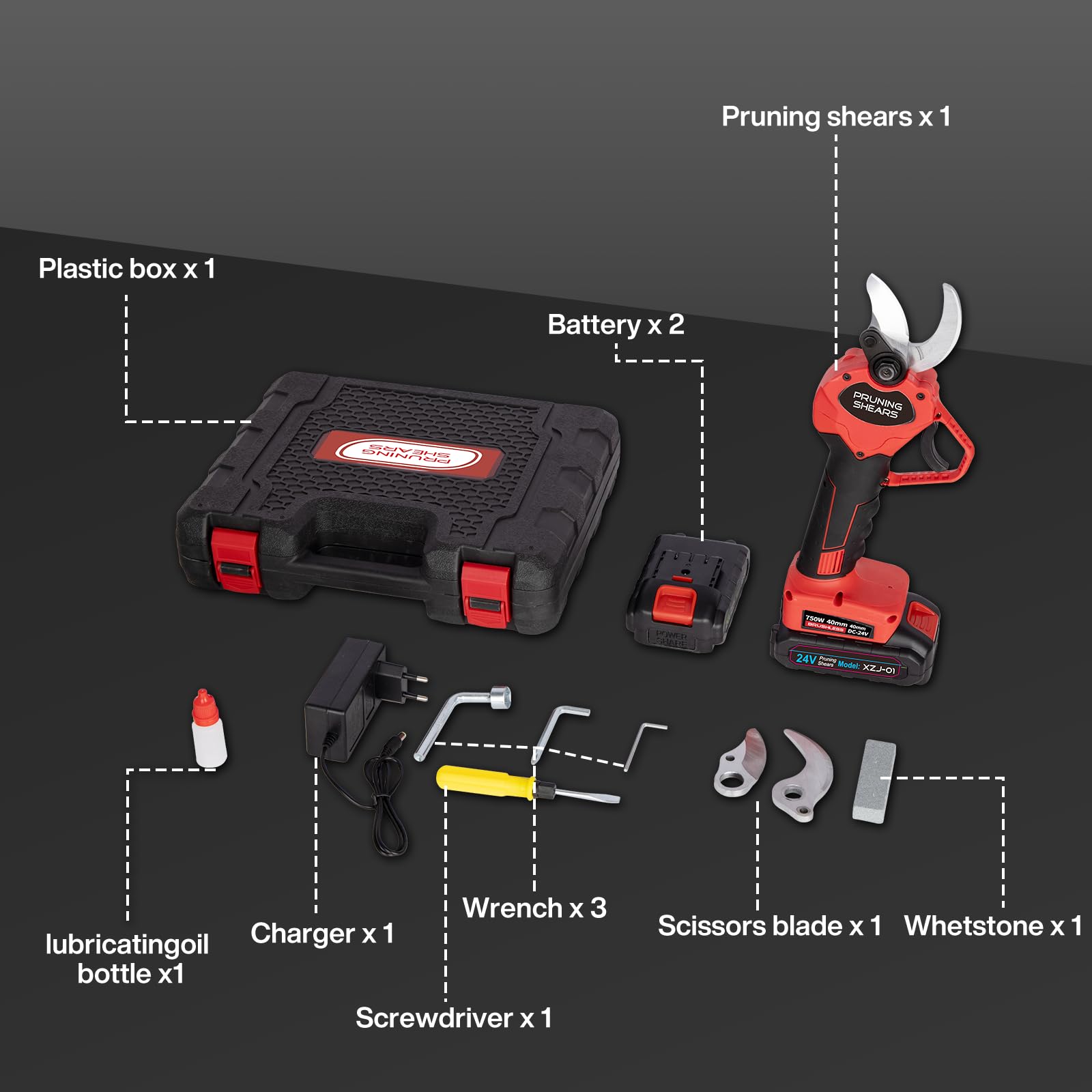 Tijeras de Podar Eléctricas 40 mm con 2 Baterías 3.0Ah | Podadora eléctrica con corte progresivo, ideal para huertos, jardines y parques, autonomía prolongada para poda eficiente