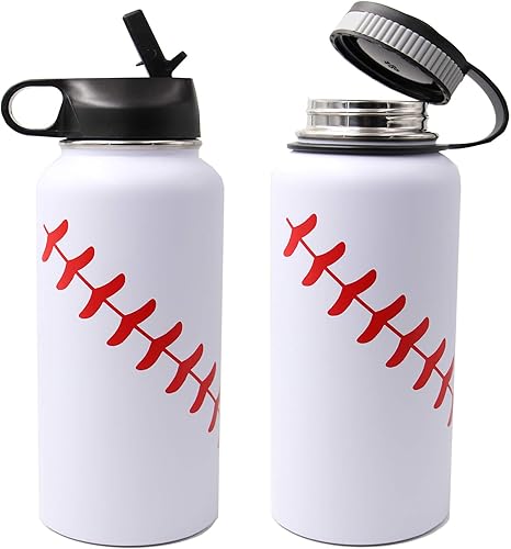 Miniatura 6 de Botella de agua de béisbol de 32 onzas, botella deportiva de boca ancha, vaso de viaje de metal con 2 tapas, acero inoxidable 188, doble pared