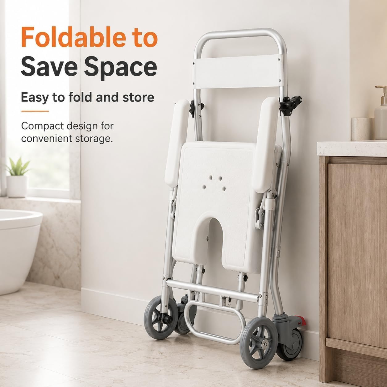 Silla de ducha plegable con brazos abatibles y respaldo ergonómico