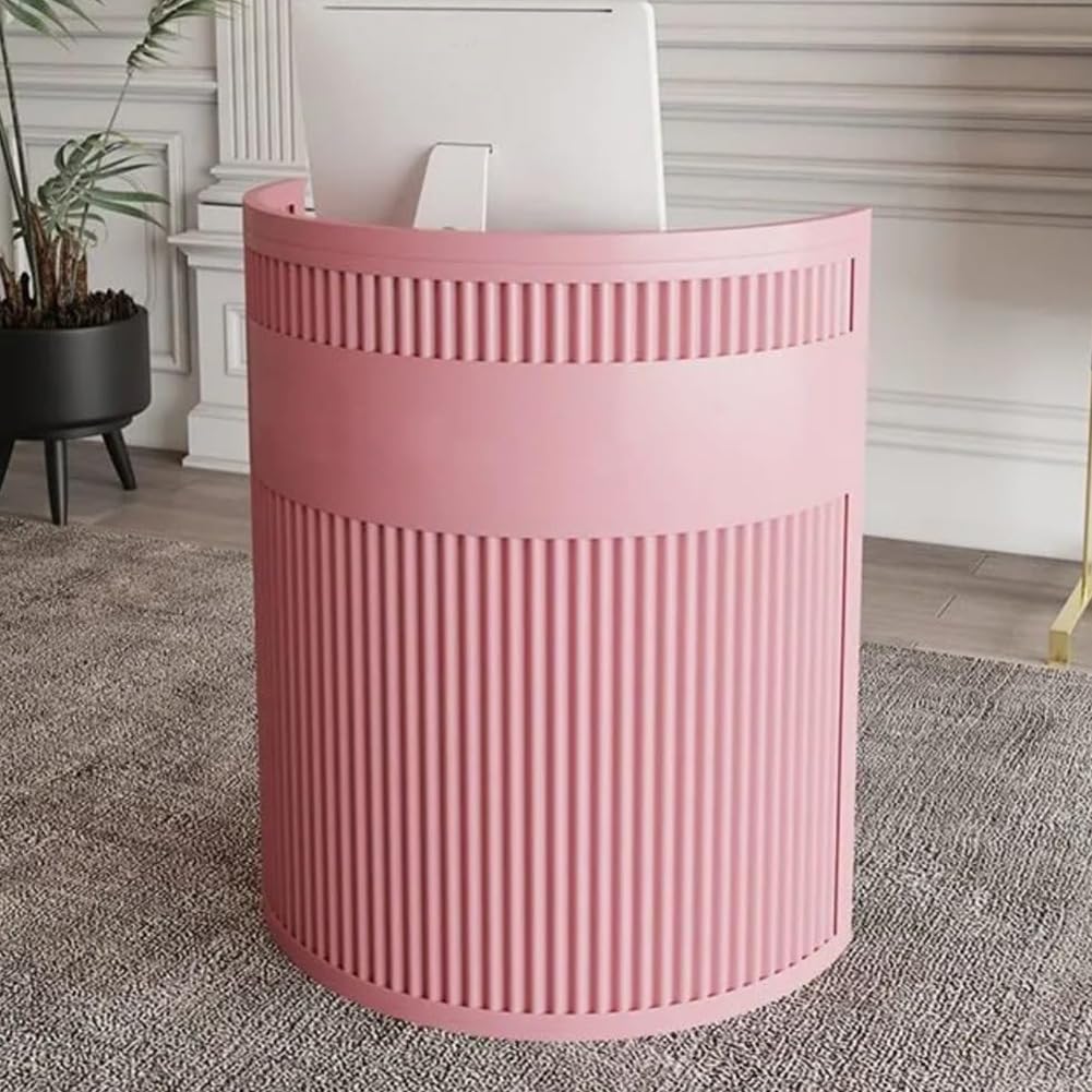 Moderno escritorio de recepción semicircular con cajones con cerradura, mesa de bienvenida de acero al carbono para oficinas, hogares y salones, elegante recepción de banco rosa