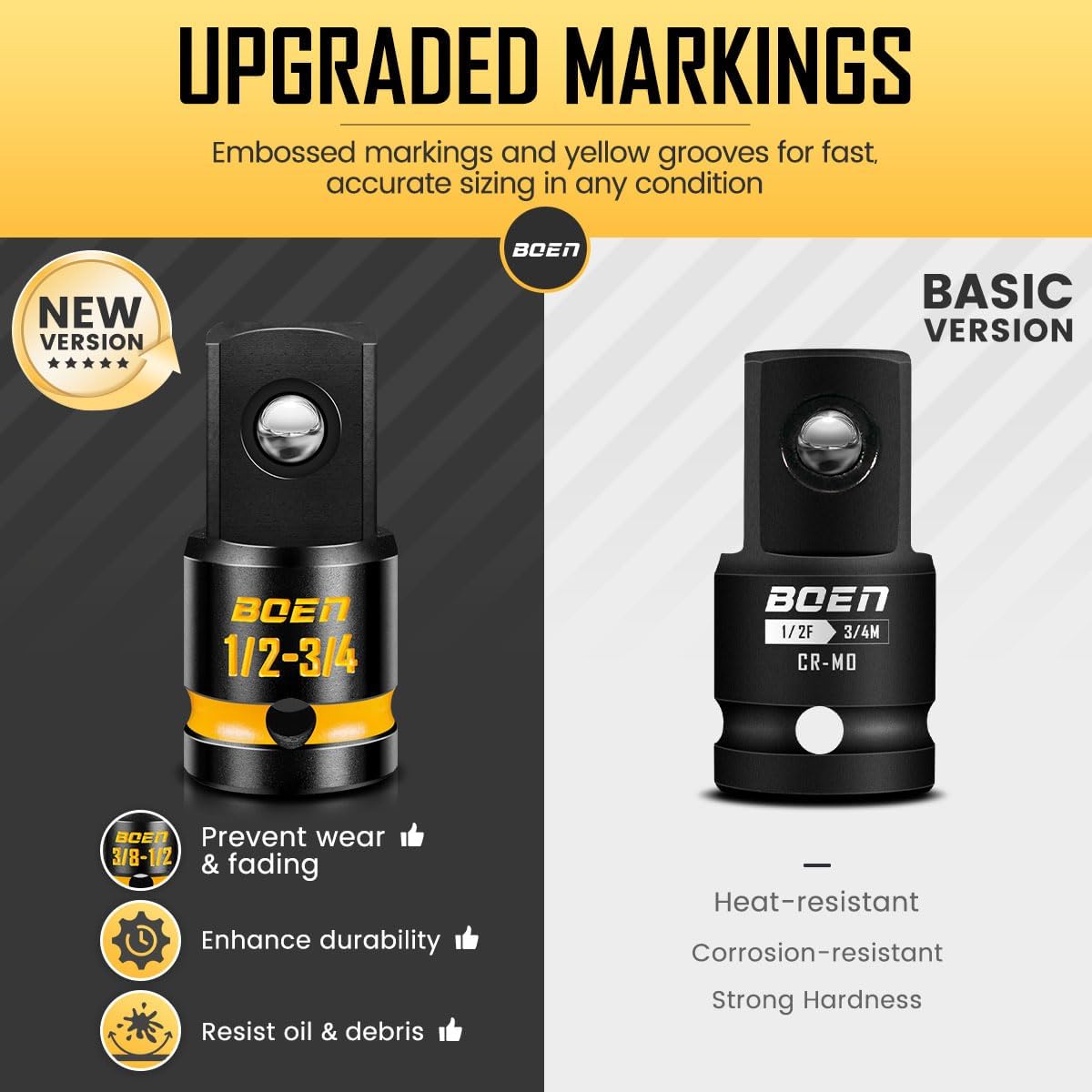 BOEN 9-Piece Impact Socket Adapter & Reducer Set, 1/4" & 3/8" & 1/2" &3/4" Drive Socket Adapter Set with Deep Embossed & Painted Markings, Include 1/4" Drive SAE Hex Shank Adapters