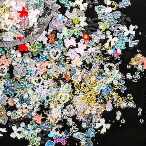 Bewudy 500 pcs Mélange deco ongle nail art, 3D décoratives pour nail art d'ongles en résine, Accessoires strass ongle Fleur Coeurs pour l'art des ongles Décorations d'ongles DIY (Couleurs mélangées)