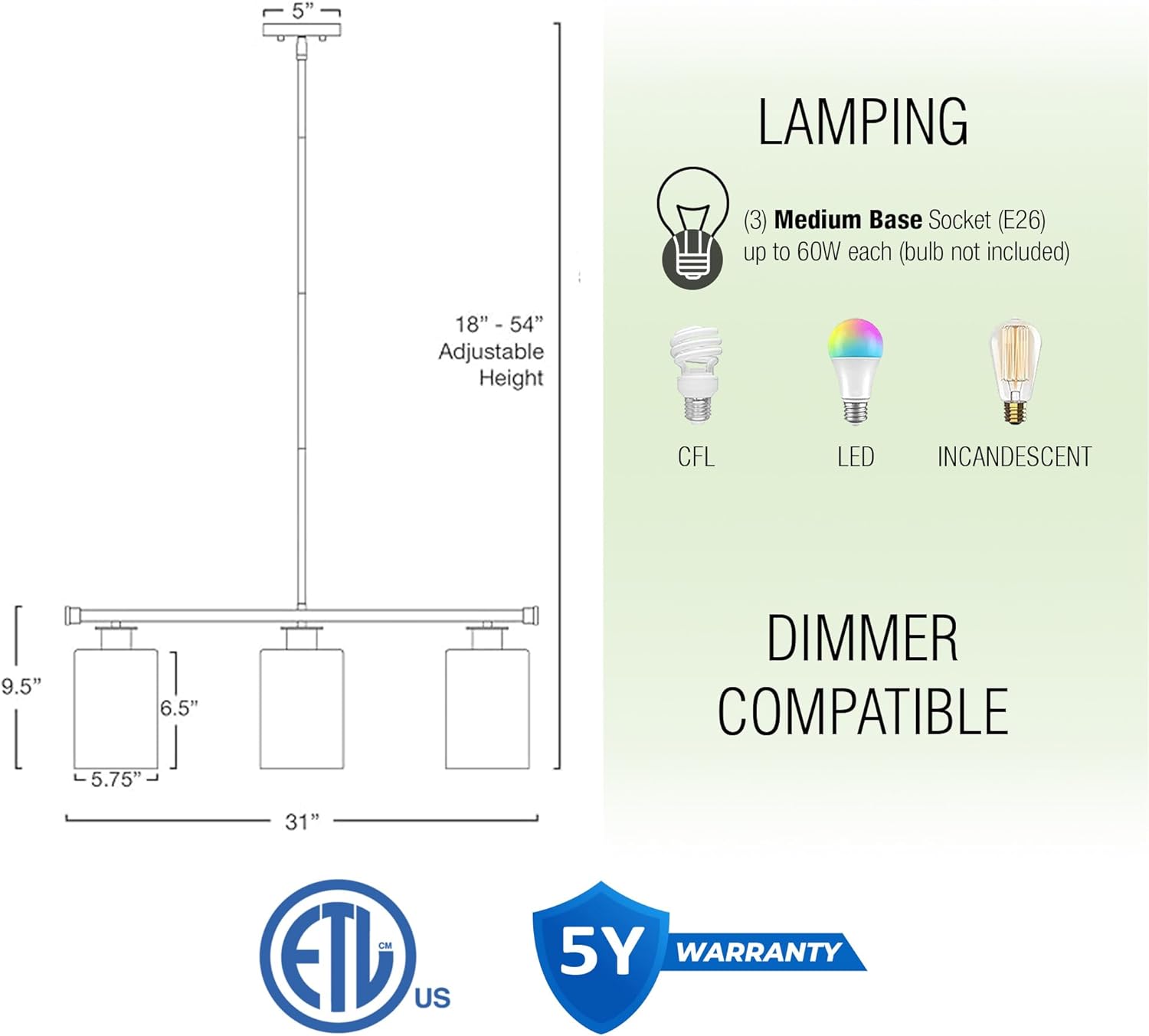 Kira Home Sloane 31" 3-Light Modern Industrial Farmhouse Island Light + Clear Glass Cylinder Shades, Adjustable Hanging Height, Oil Rubbed Bronze Finish