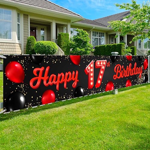 Happy 17th Birthday Red and Black Banner Backdrop Balloons Theme Decor for Yard Garden Girls Women Princess 17 Years Old Birthday Party Decorations Bday Supplies Photo Booth Props Favors Glitter Gold