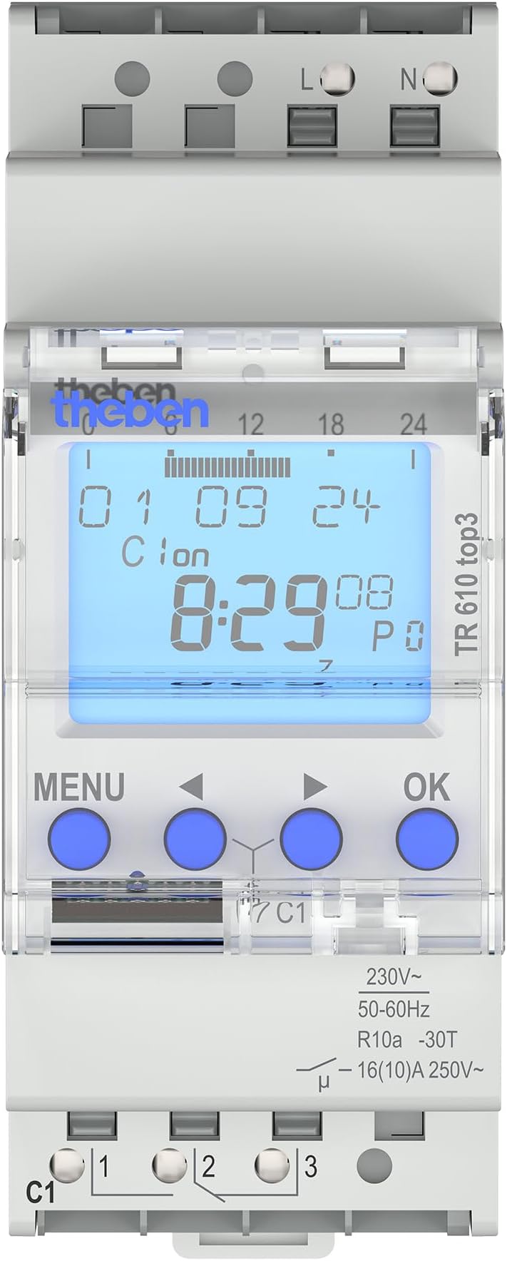 Theben powerful 1 channel digital time switch TR 610 top3 - weekly program, app programming possible, 10 year power reserve, up to 600 W LED 6100130