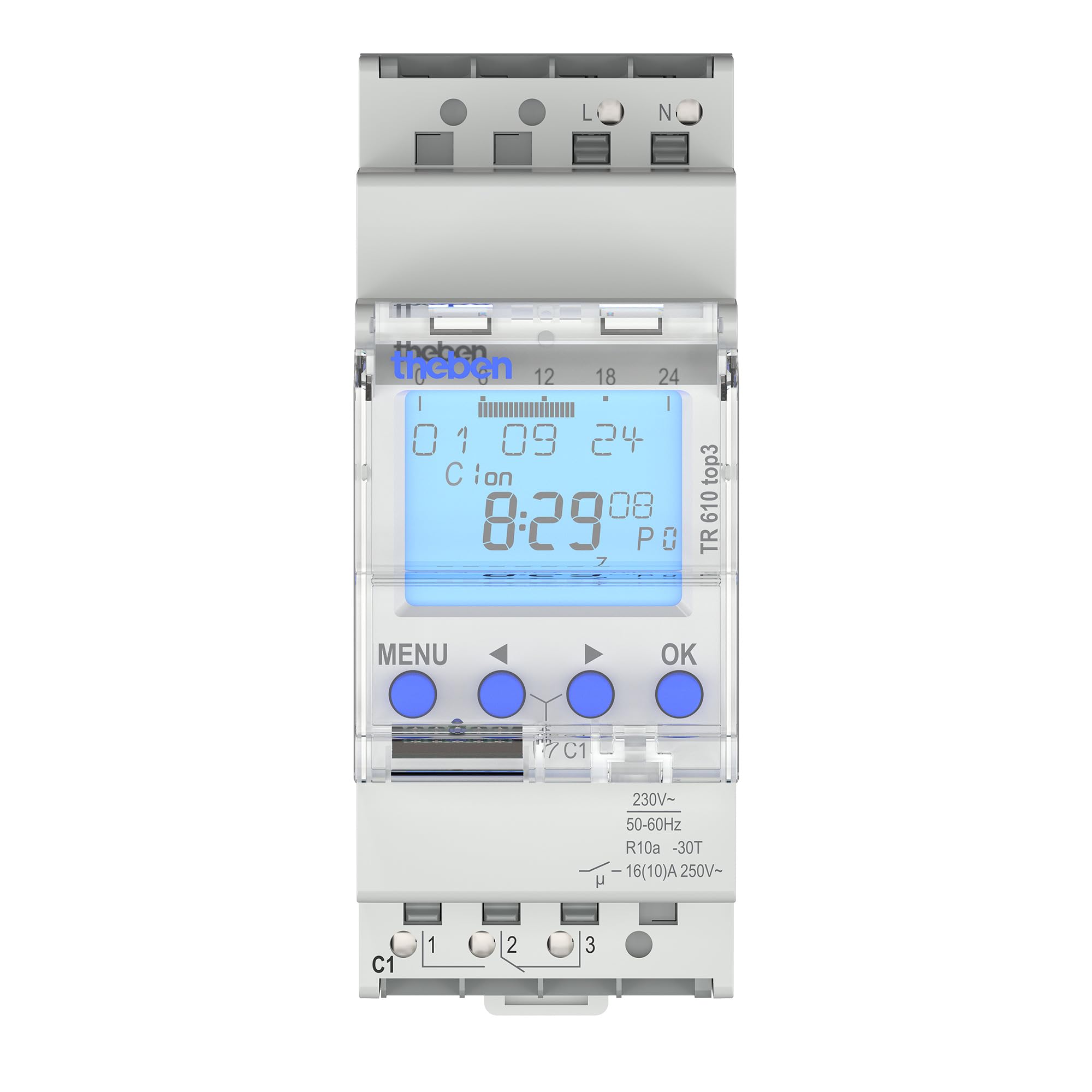 Theben powerful 1 channel digital time switch TR 610 top3 - weekly program, app programming possible, 10 year power reserve, up to 600 W LED 6100130