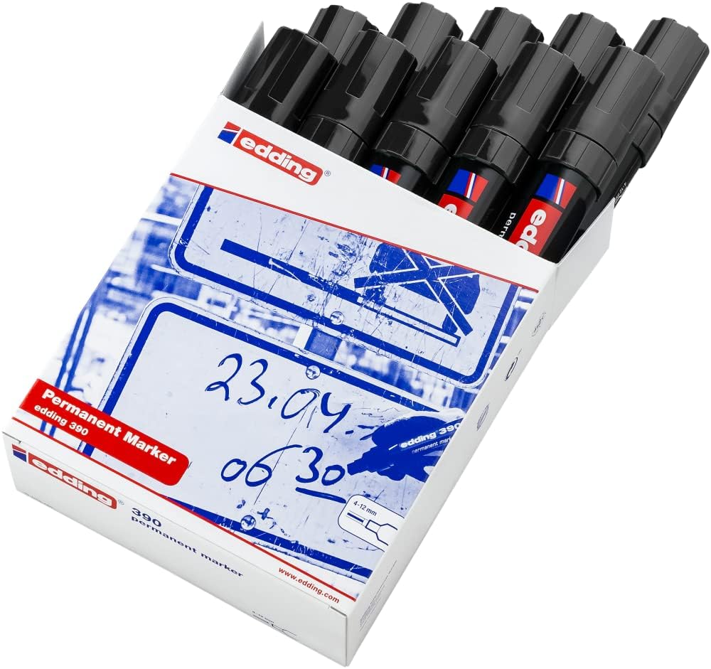 edding 390 Permanentmarker - schwarz - 10 Stifte - dicke Keilspitze 4-12 mm - wasserfest, schnell-trocknend - Multimarker, Universalstift - für Karton, Kunststoff, Holz, Metall, Glas, Stein, Leinwand