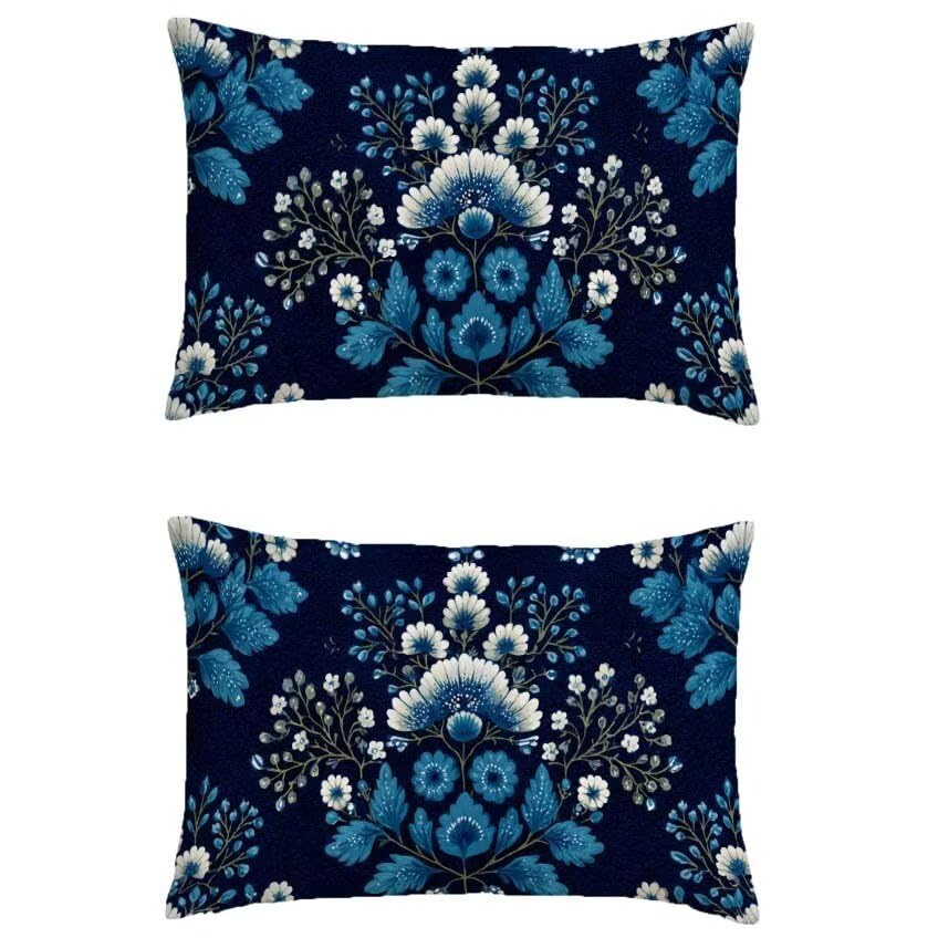 Housse de coussin 70x90cm rectangulaire lin impermeable bleu au design Datura