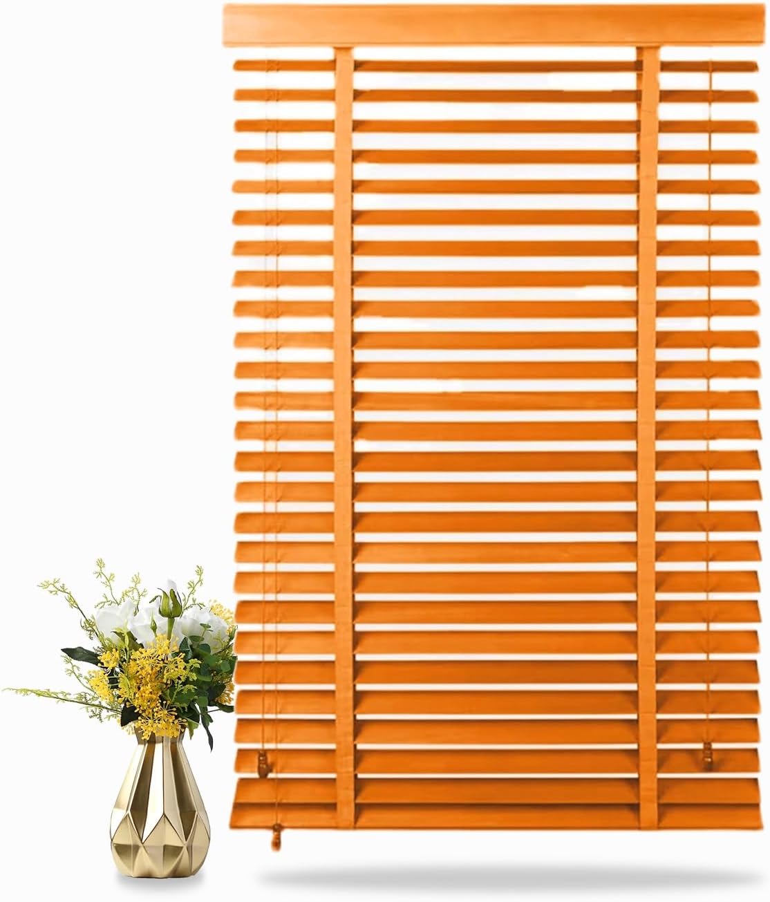 MObyat Wood Blinds for Indoor Windows Custom Wooden Blinds Privacy Blackout Faux Venetian Window Shades 2 inch Slats Room Darkening Cordless for Home Kitchen Bathroom Office(Orange)
