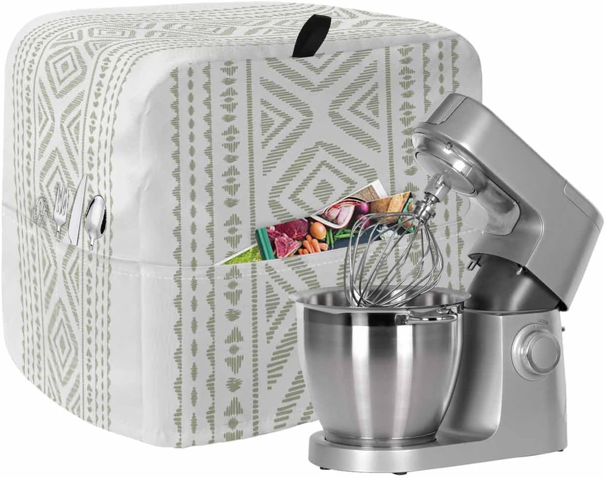 Boho Sage Green Geometric Stand Mixer Cover with Storage Pocket, Waterproof Kitchen Mixer Covers, Vintage Southwestern Stripes Kitchen Appliance Dust Cover Compatible with 6-9 Quart Mixers