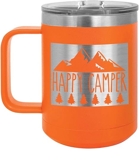 HAPPY CAMPER C Orange Taza de café de 15 oz con tapa deslizante | Taza de café de viaje aislada | Ideas de regalo únicas de mujeres u hombres |