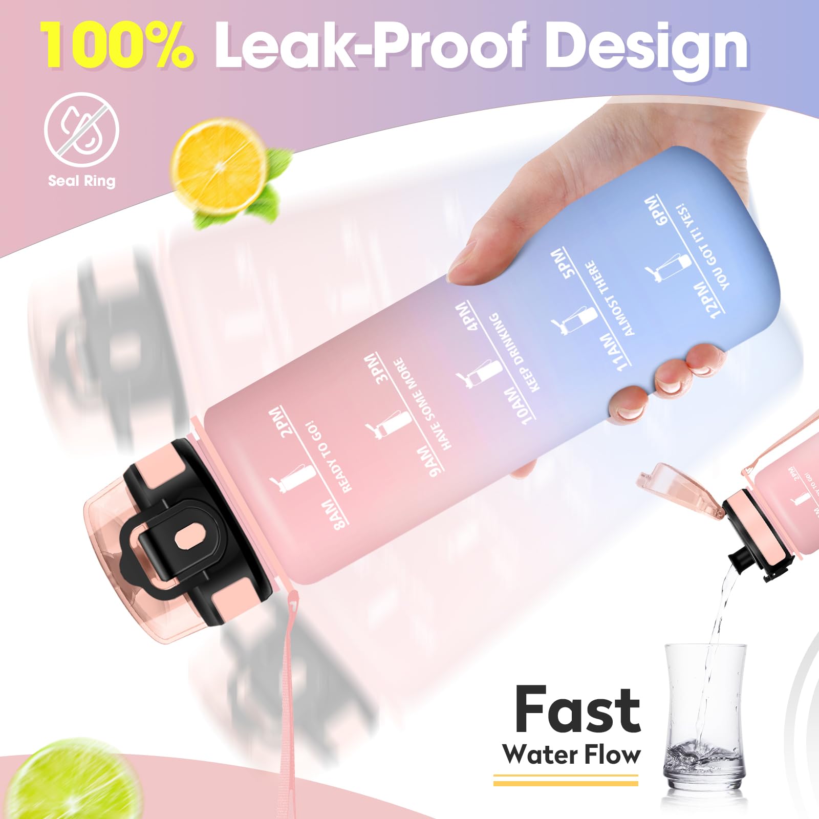 Borraccia 1L, Riutilizzabile, Bottiglia con Filtro, Borraccia con Indicatore del Tempo Motivazionale senza BPA, A Prova di Perdite, ideale per Adulti, Bambini, Scuola, Ufficio