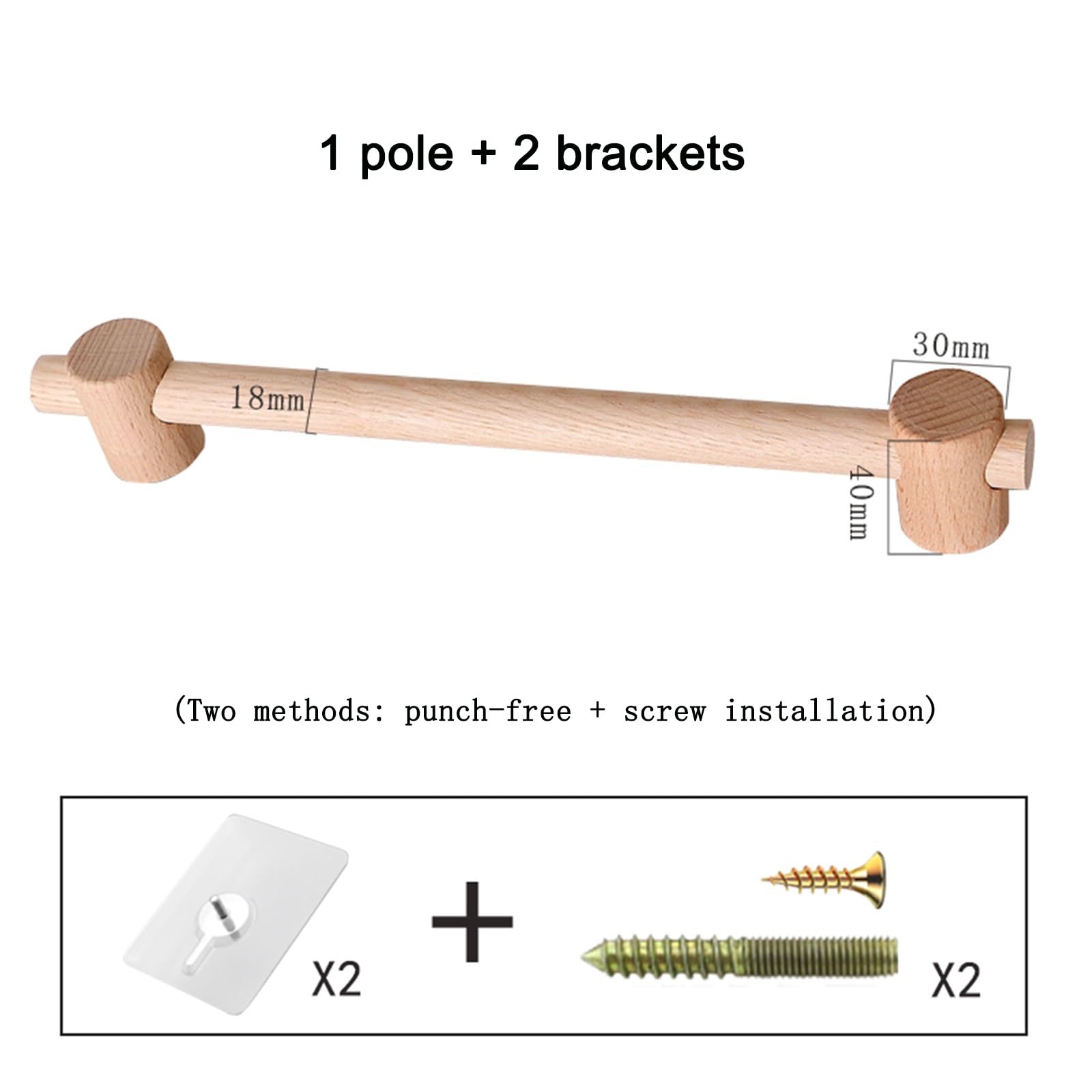 Drewniany karnisz, design, montaż samoprzylepny, bez otworów, idealny do małych, solidnych i pojedynczych prętów 140 cm, łatwy w użyciu, eleganckie wykończenie