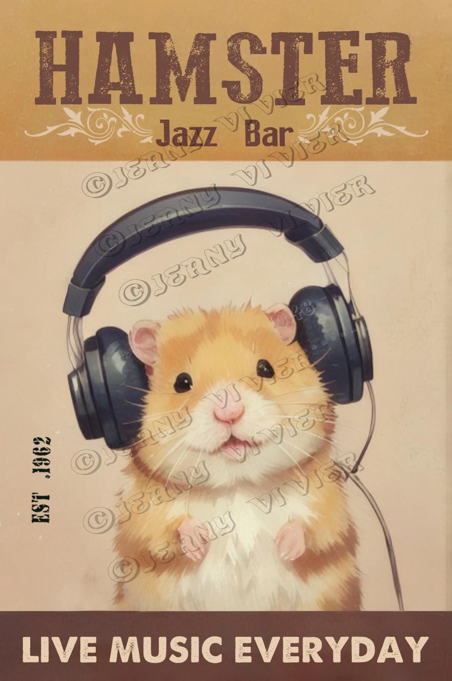 Hamster Headphone Co Live Music Everyday Poster Vintage Metal Tin Signs Funny Hamster Poster for Home Kitchen Bathroom Coffee Bar Wall Decoration Plaque Gift Music Lovers Gift 12x16 in