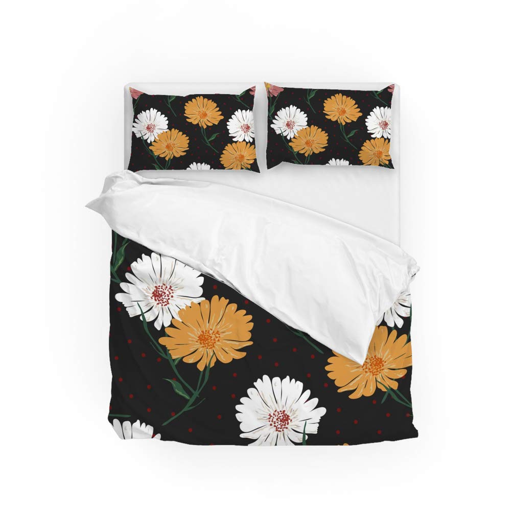 Parure de lit microfibre motif fleur marguerite jaune noir et blanc