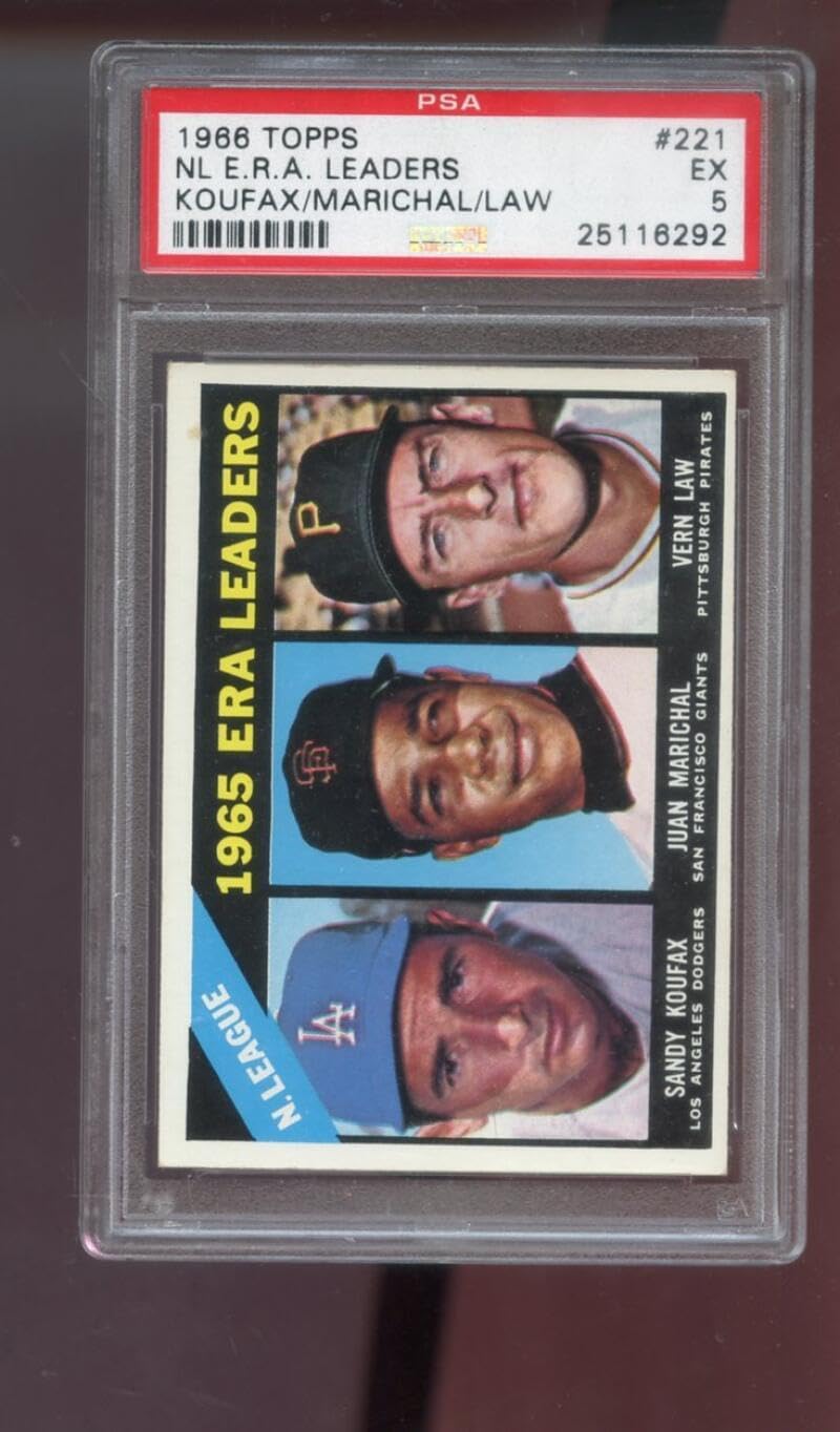 1966 Topps #221 NL N.L. ERA E.R.A. Leaders Sandy Koufax Juan Marichal Vern Law PSA 5 Graded Baseball Card MLB National League
