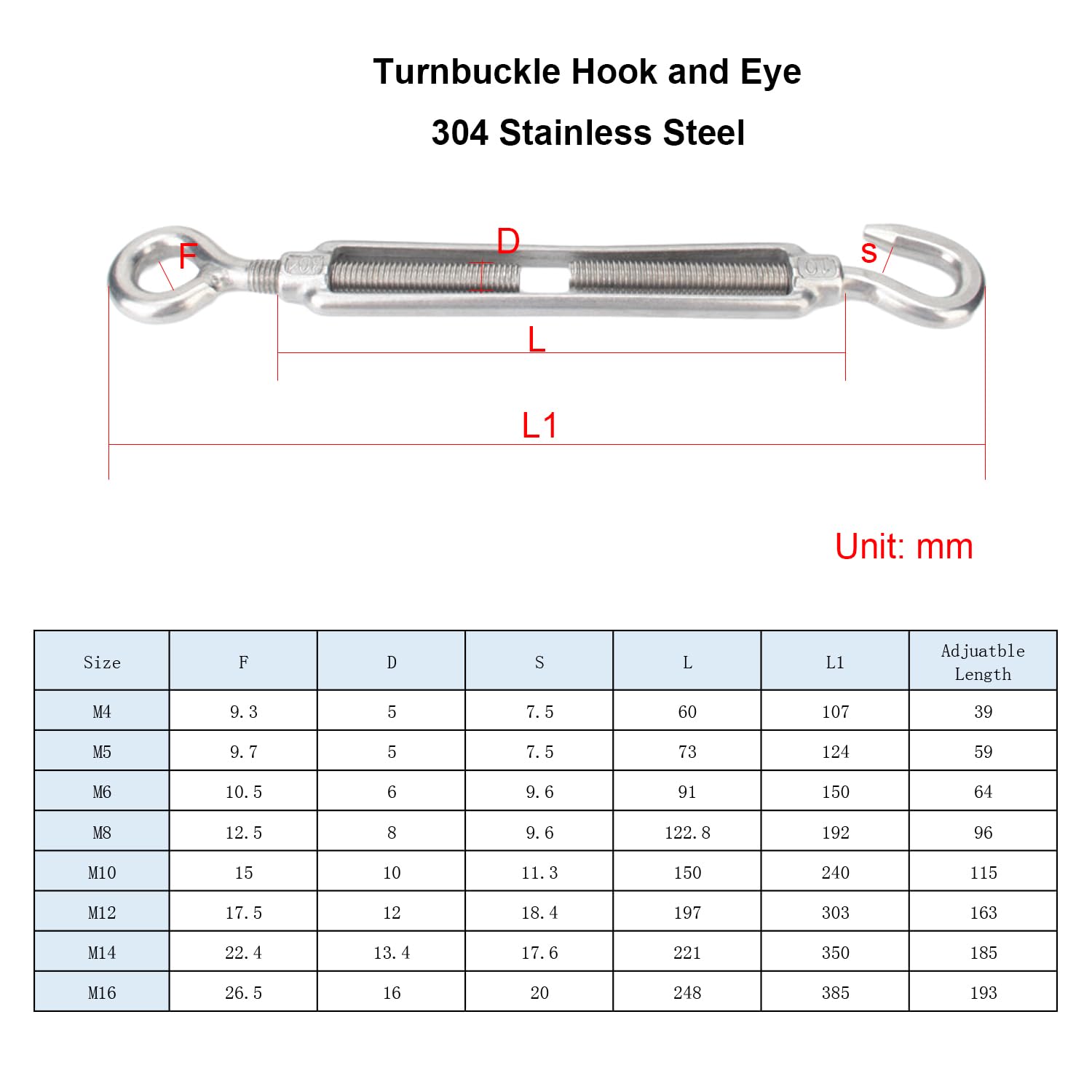 CYCOOPE M16 Turnbuckle Wire Tensioner 304 Stainless Steel Adjustable Hook and Eye Wire Rope Cable Tensioner Heavy Duty for Marine Shade Sail Railing Garden DIY String Light 1 Pack