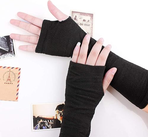 Miniatura 7 de Guantes largos unisex sin dedos para mujer, calentadores de brazos, guantes elásticos de punto con agujero para el pulgar