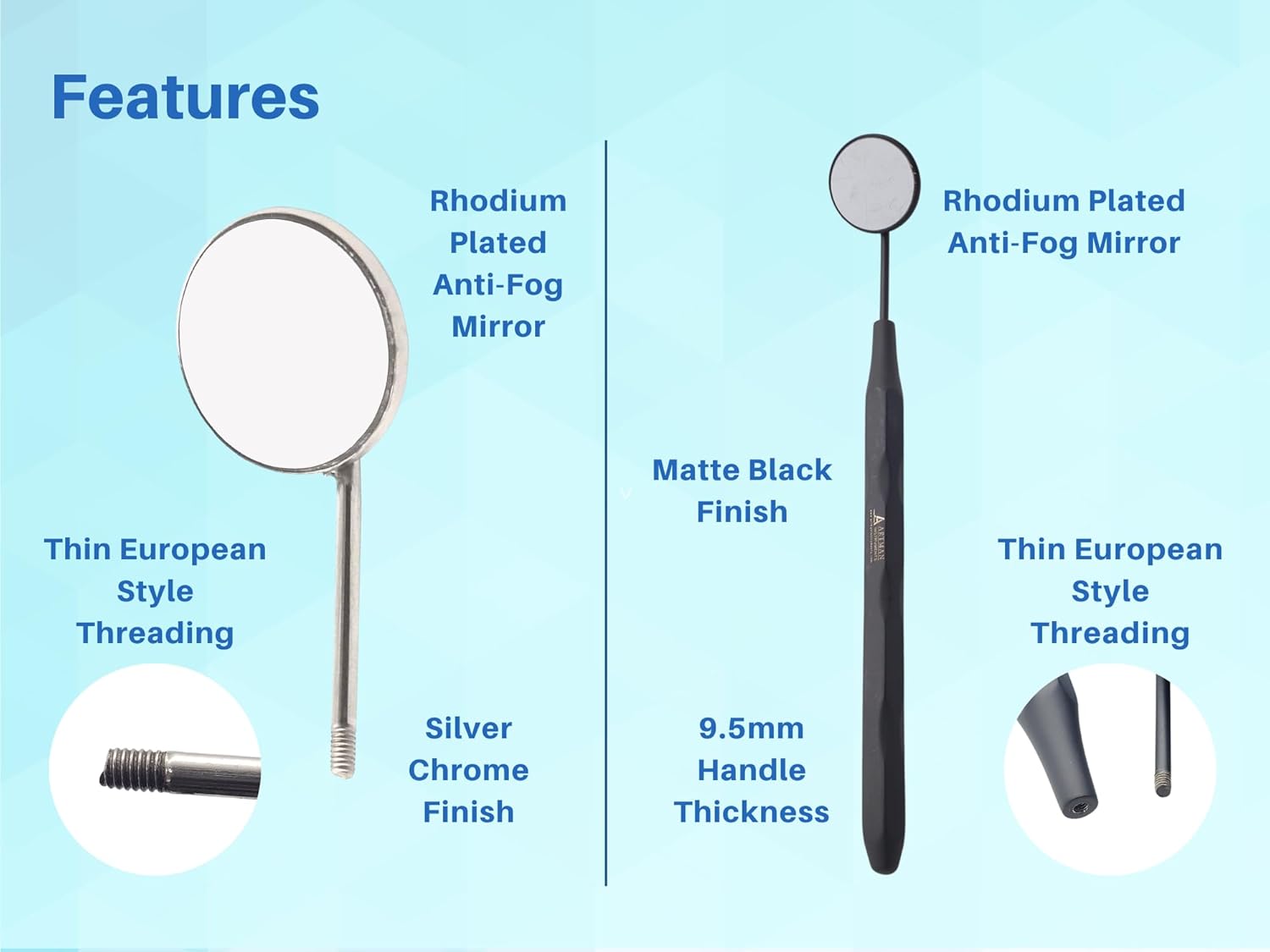 Bundle of Dental Mirrors Tops Front Surface 2" European Threading Style Set of 12 & Dental Mirrors 7" Matte Black Handle Set of 5 for General and Laser Dentist by Artman Instruments
