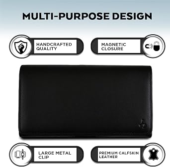 Cell Phone Belt Clip Holster - Handcrafted Premium Calfskin Leather Smartphone Organizer with Magnetic Closure - Large Metal Clip Phone Holder Compatible with iPhone 14-15/14-15 Pro - Black