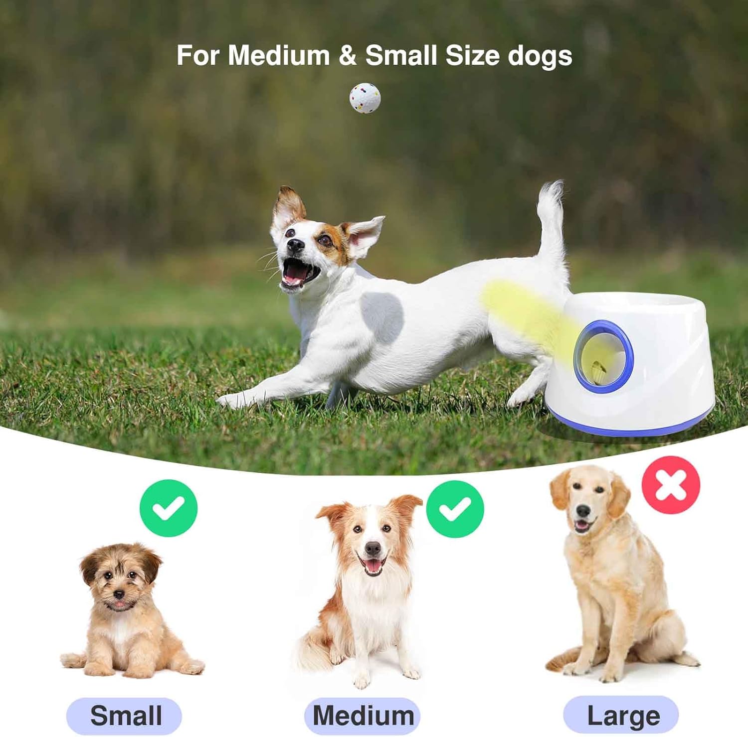 Automatic Dog Ball Launcher, Dog Ball Throw Launcher, 3 Adjustable Distance 20-45FT, with 6 2.3-inch ETPU Balls, for Small/Medium Dogs, Indoor and Outdoor Interactive Toys