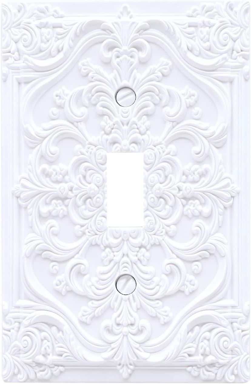 Decorative Light Switch Plate Covers 3D White Embossed Texture with Floral 1 Gang Light Switch Cover Plate Vintage Elegant Single Toggle Wall Plate Outlet Covers Faceplate for Bedroom Home