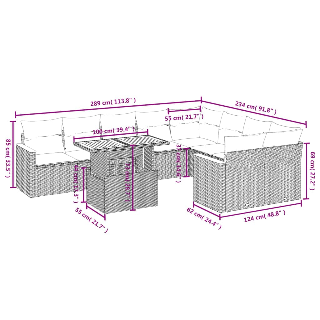 Set Divano da Giardino 10 pz con Cuscini Beige in Polyrattan,Set di Conversazione per Patio,Set Salotto da Esterno,Set Divano da Giardino Esterno-3273236