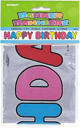 Miniatura 3 de Unique Cartel de feliz cumpleaños de papel aluminio multicolor (1 unidad) – 12 pies de largo – Fácil montaje – Decoración duradera y festiva para