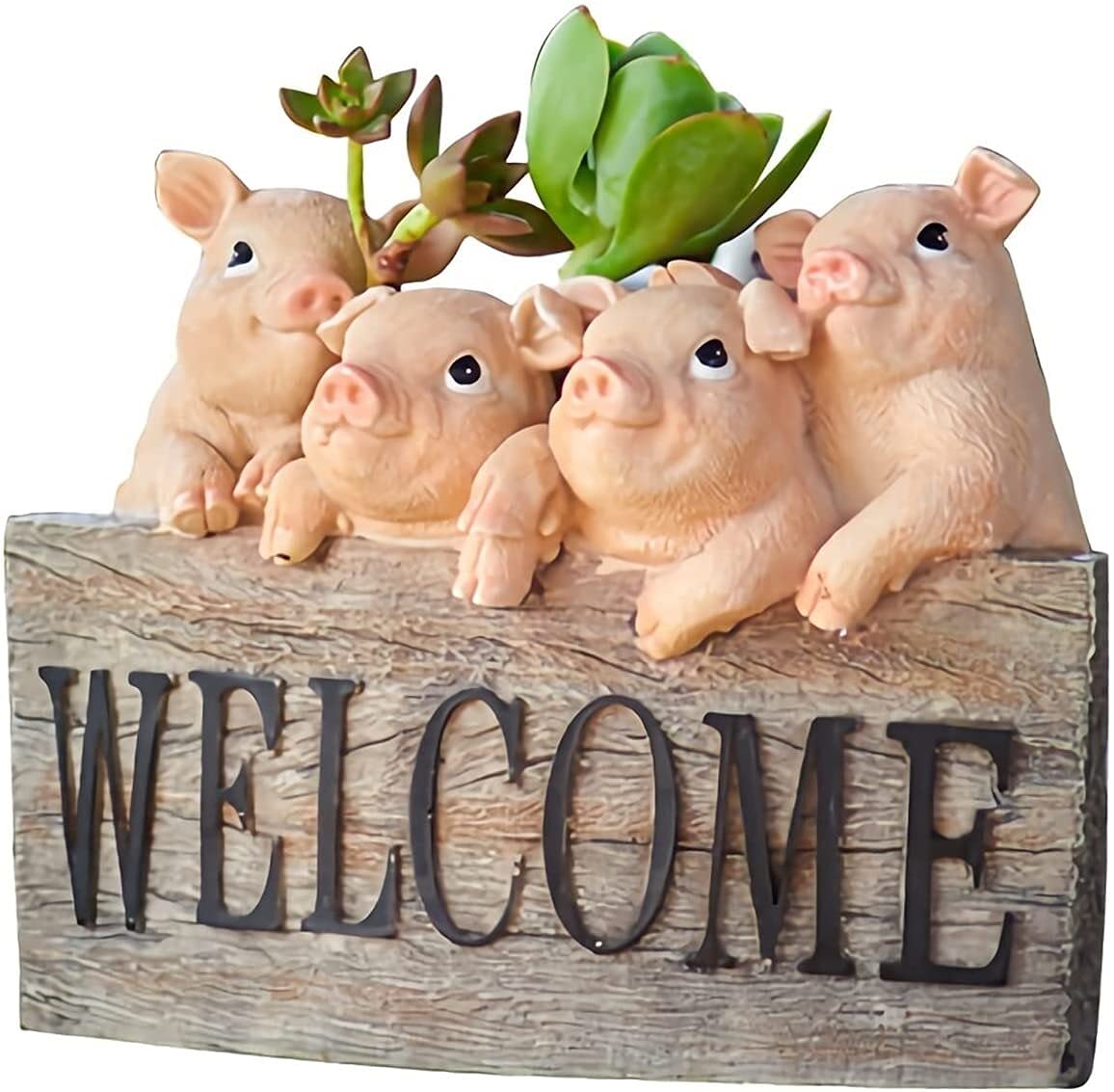 Sculpture de jardin en forme de cochon avec panneau de bienvenue pour entrée de maison