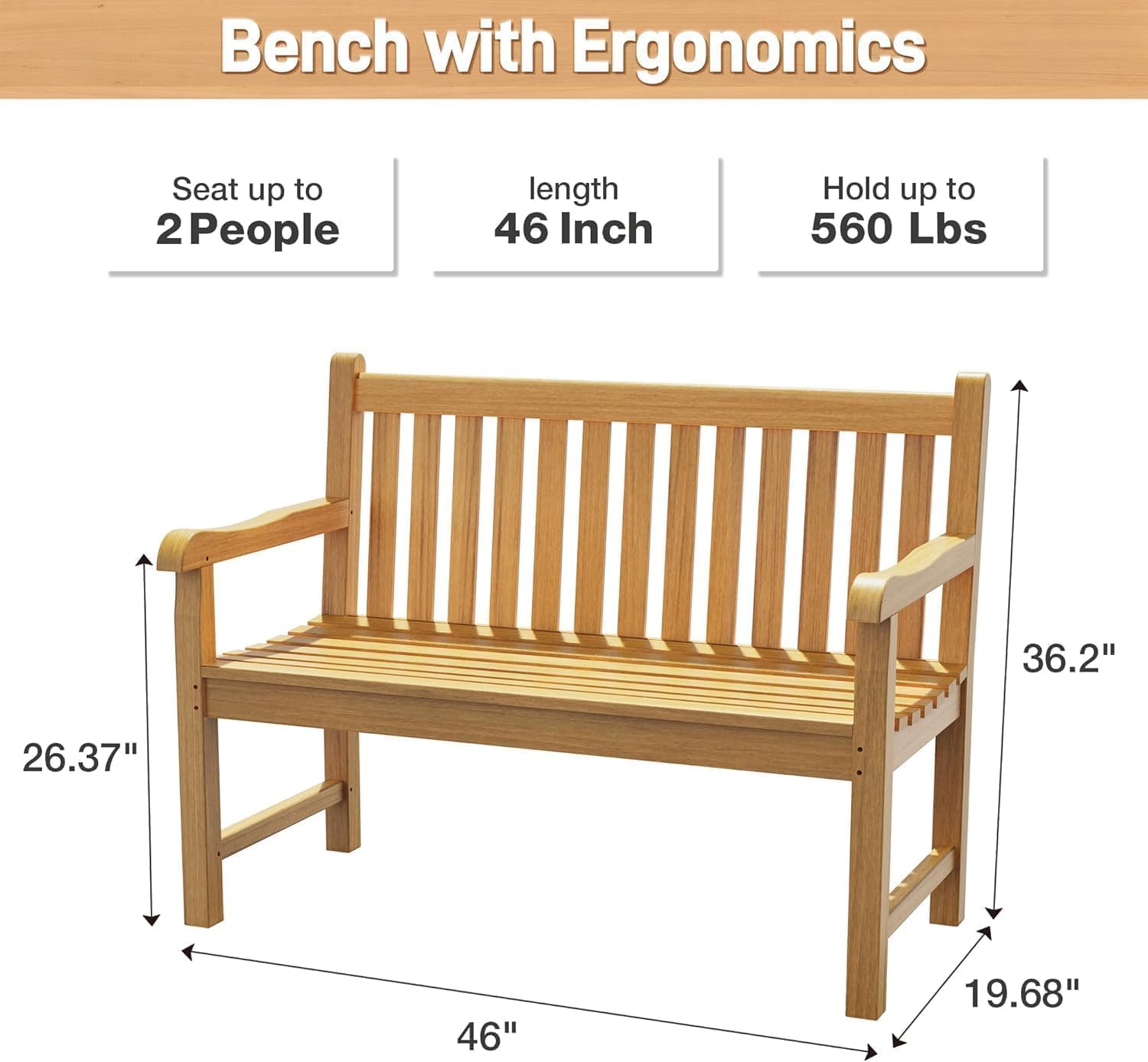 Outdoor Teak Bench, Park Bench for 2 People, Ergonomic Patio Seating, Weather-Resistant and Durable Design, Perfect for Yard, Poolside, or Porch