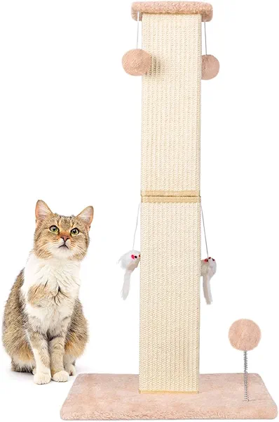 ANWA Large Cat Scratching Posts for Indoor Cats, 32" Tall Vertical Cat Scratching Post with Dangling Toys, Premium Sisal Rope Post Scratcher for Cats at All Ages, Beige