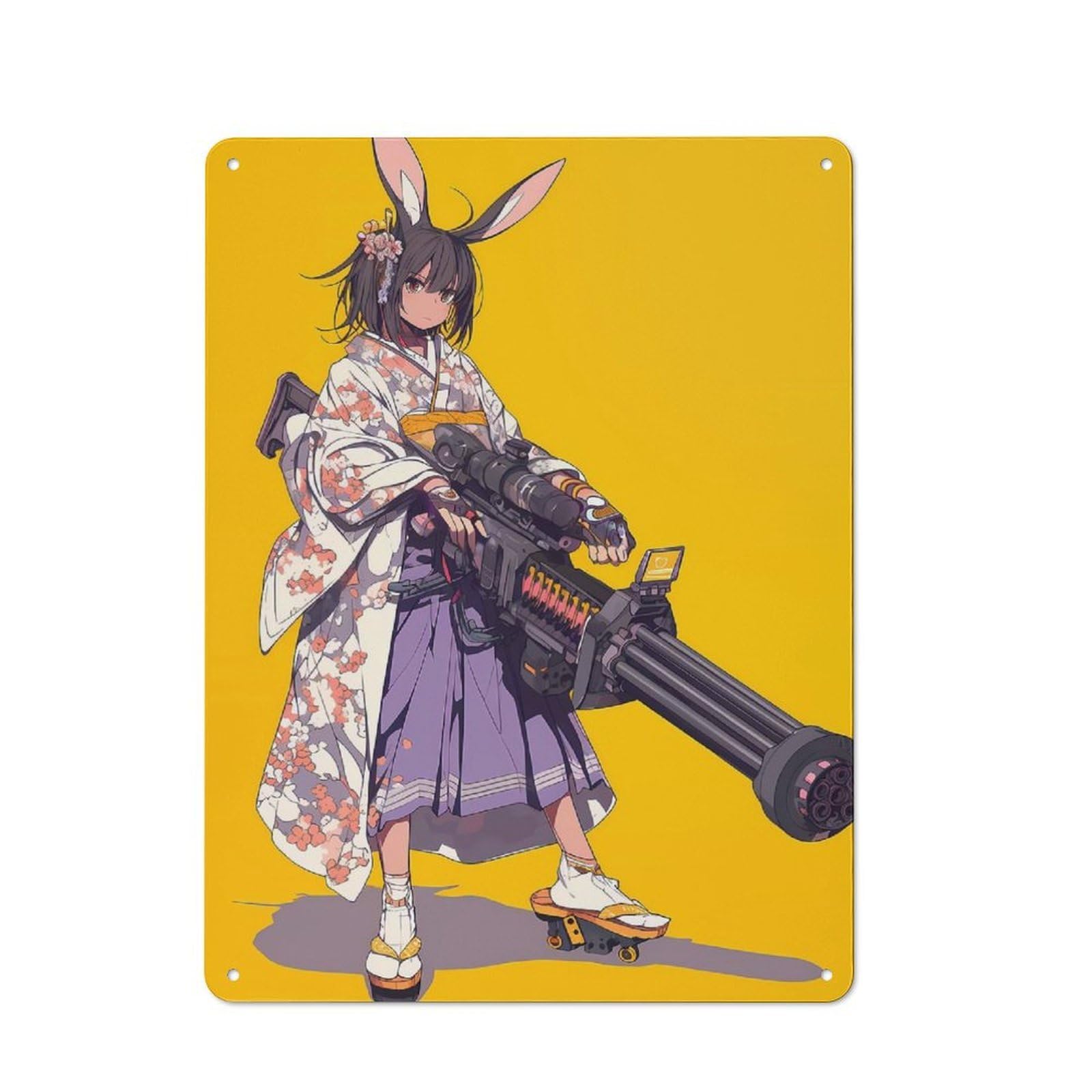 Junmoney Style-16 Garden Style Tin Sign 40X30cm Featuring Bunny Warrior In Kimono, Shed Wall Decor For Patio Bar, Workshop, Shed Or Kitchen