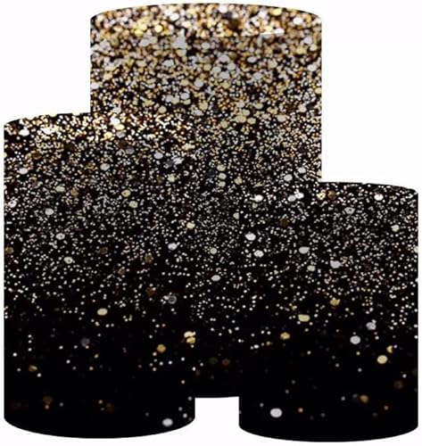 Miniatura 2 de Cubiertas de pedestal de pintura con purpurina dorada para fiesta de cumpleaños, puntos dorados bokeh sobre fondo negro, cubierta de zócalo de tela