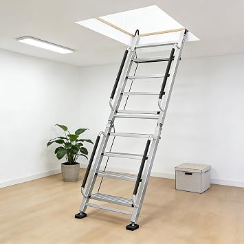 Foldable Aluminum Loft Stairs Ladders, 8 Step Folding Attic Egress Ladder with Handrails, Portable Bunk Bed Ladder, Metal Anti-Slip Access Attic Stair, Climb Step Ladder for Dorm RV Home