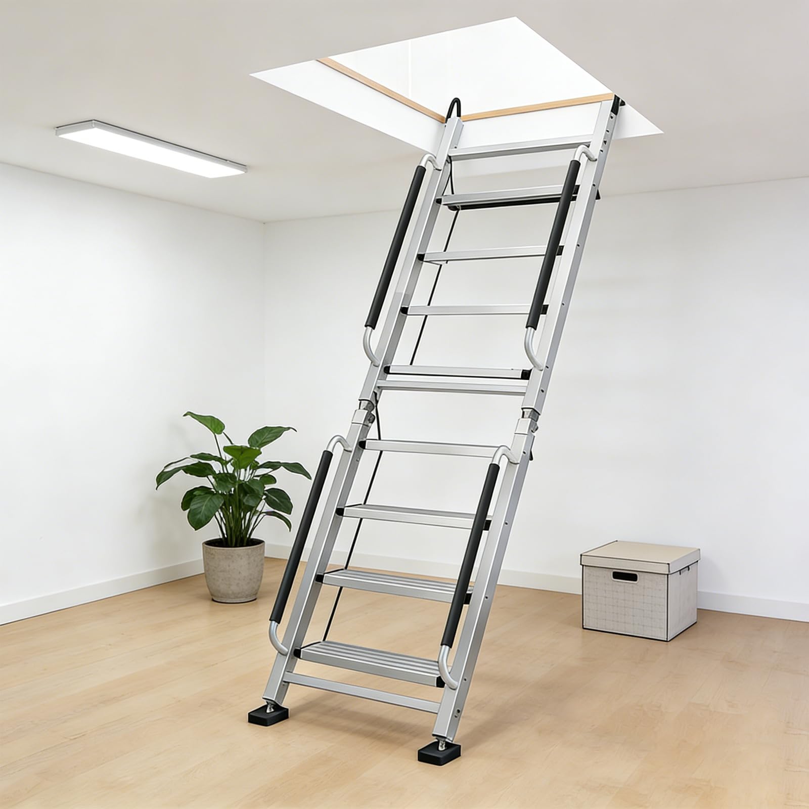 Foldable Aluminum Loft Stairs Ladders, 8 Step Folding Attic Egress Ladder with Handrails, Portable Bunk Bed Ladder, Metal Anti-Slip Access Attic Stair