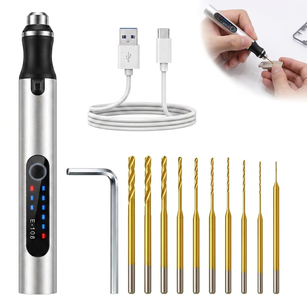 Lyai 3-Speed Cordless Mini Drill Pen Silver, Rechargeable Electric Hand Drill with 10 Small Drill Bits, Portable Micro Rotary Tool Set for Jewellery Making Resin Wood Plastic Keychains Crafting