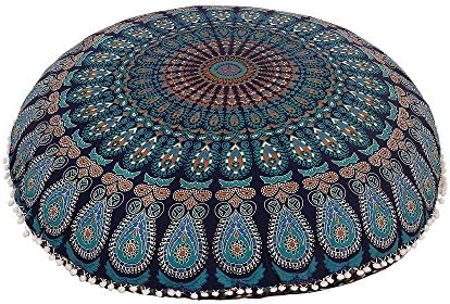 Mandala Floor Pillow Cushion Seating Throw Cover Hippie Decorative Bohemian Ottoman Poufs, Pom Pom Pillow Cases,Boho Indian (32 Inches, White Filler)