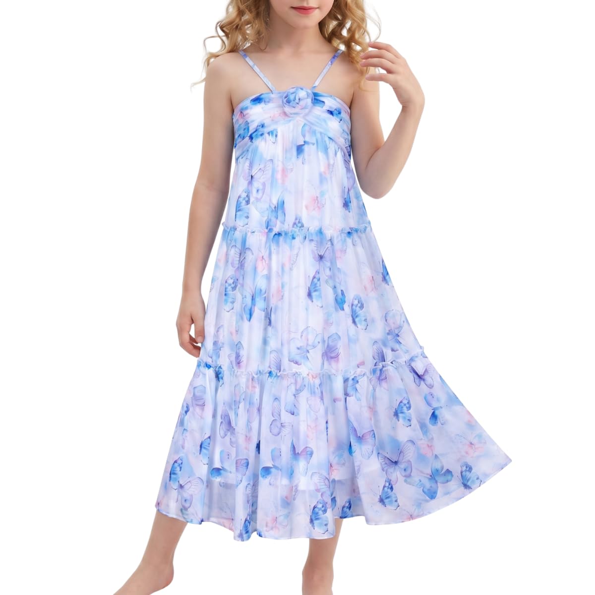 WELAKEN Kleid für Kinder, Mädchen, Blumenmuster, fließend, Sommer, Chiffon, Spaghettiträger, Rüschen, Sommerkleid