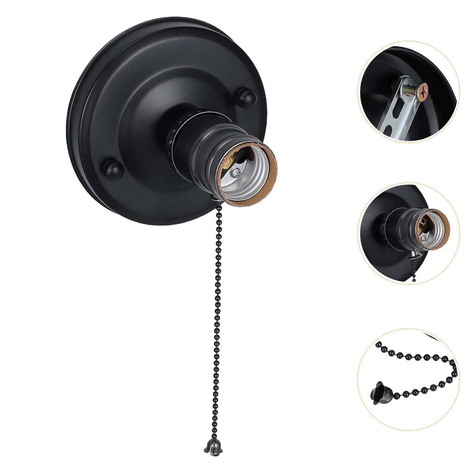 2pcs Vintage E27 Bulb Holder with Pull Chain Switch, Black Iron and Plastic Lamp Socket for Dining Rooms and Bedrooms, DIY Ceiling Wall Light Socket with Precise Lighting Control
