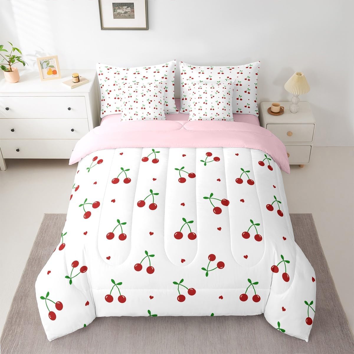 Erosebridal Cherry Twin Bed in A Bag for Kids Boys Girls Room Decor,Cute Red Cherry Comforter Set with Sheets Cartoon Summer Fruit 7 Piece Bedding Set Kawaii Cherries Sheet Set with Comforter