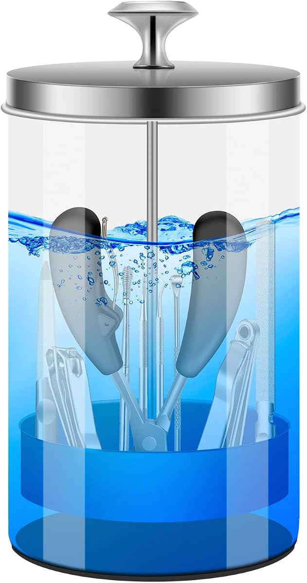 Tarro desinfectante para herramientas de uñas - Esterilizador de vidrio de 21 onzas con bandeja coladora extraíble - para almacenamiento y organización de suministros de manicura y barbería Tarro desinfectante