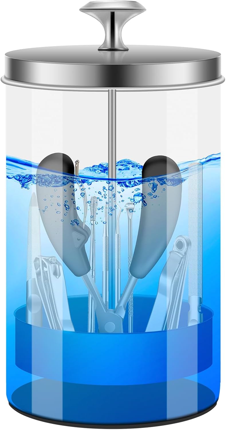 Nail Tool Disinfectant Jar - 21Oz Glass Sterilizer with Removable Strainer Tray - for Manicure & Barber Supplies Storage and Organization Disinfectant Jar