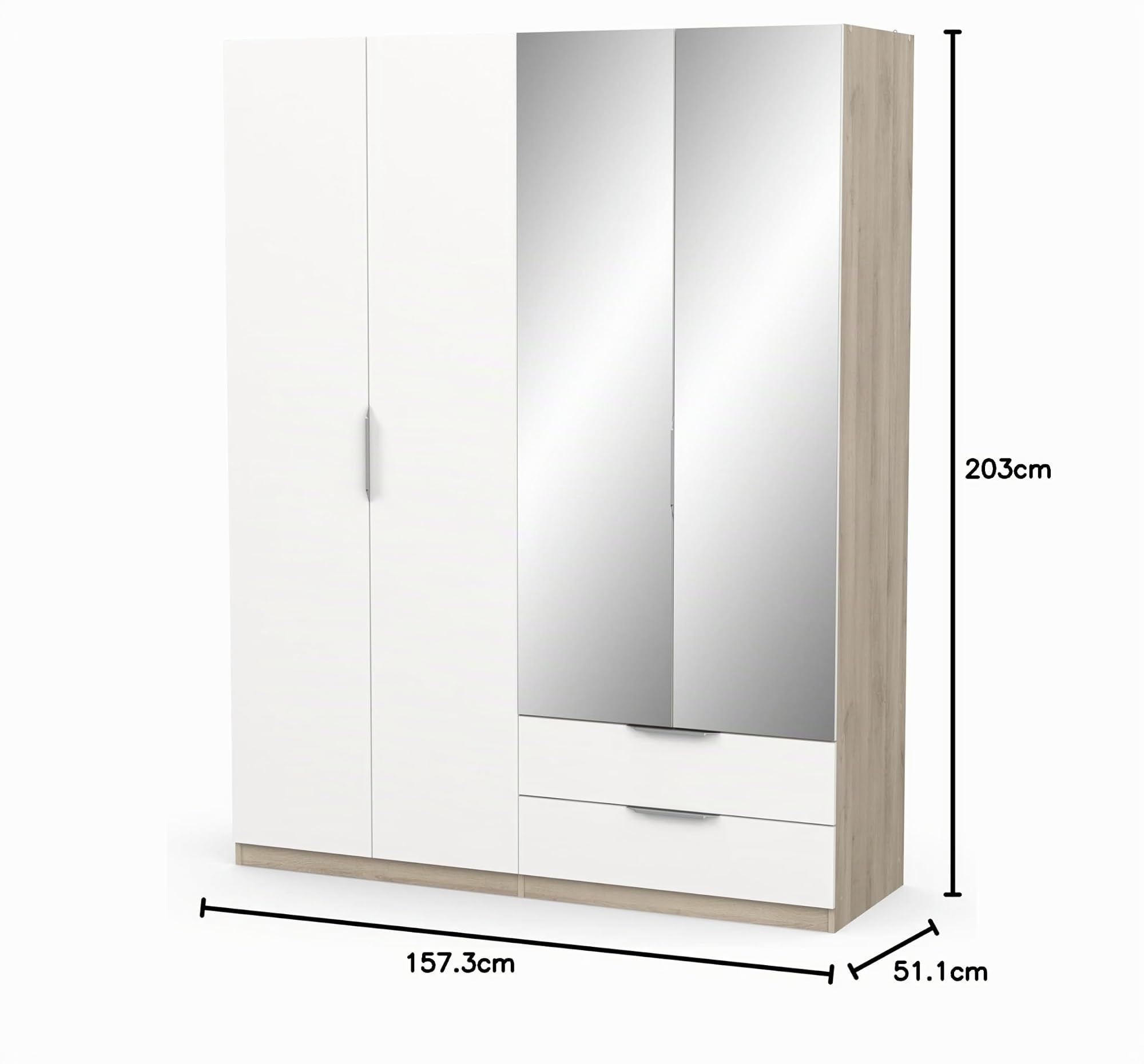 Demeyere Vestidor con Espejos y Armario Moderno 4 Puertas 5 estantes 2 cajones, Color Roble Kronberg y Blanco Mate, 157,3 x 51,1 x 203 cm, Madera de ingeniería