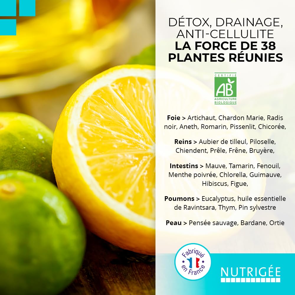 NUTRIGÉE - Détox 38 - Boisson Concentrée Bio - Triple Action - Drainage, Élimination et Purification – 30 Plantes Bio – Anti-Rétention d’Eau et Anti-Cellulite – Complément Liquide Naturel – 300 ml