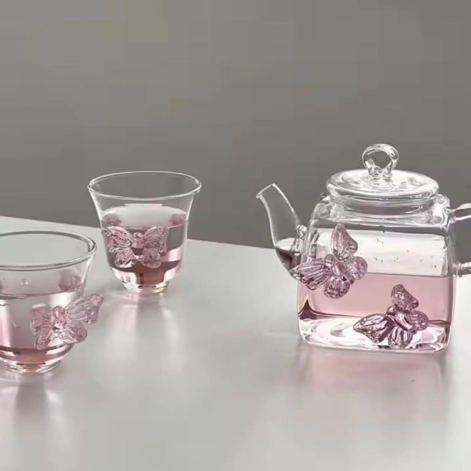 Angich Butterfly Embossed Borosilicate Glass Teapot Set with 2 Cups Elegant Clear Kettle for Tea & Beverages | Heat-Resistant, Lightweight & Stylish Design 3