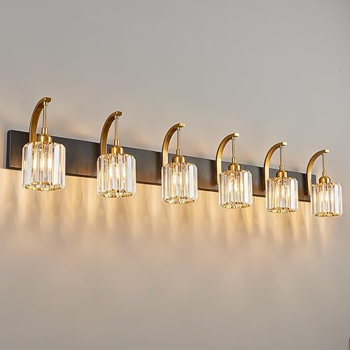 Miniatura 44 de Luces de tocador de cristal cromadas de 4 luces, modernas lámparas de baño de cristal sobre espejo de 32.67 pulgadas de largo para baño Cromo