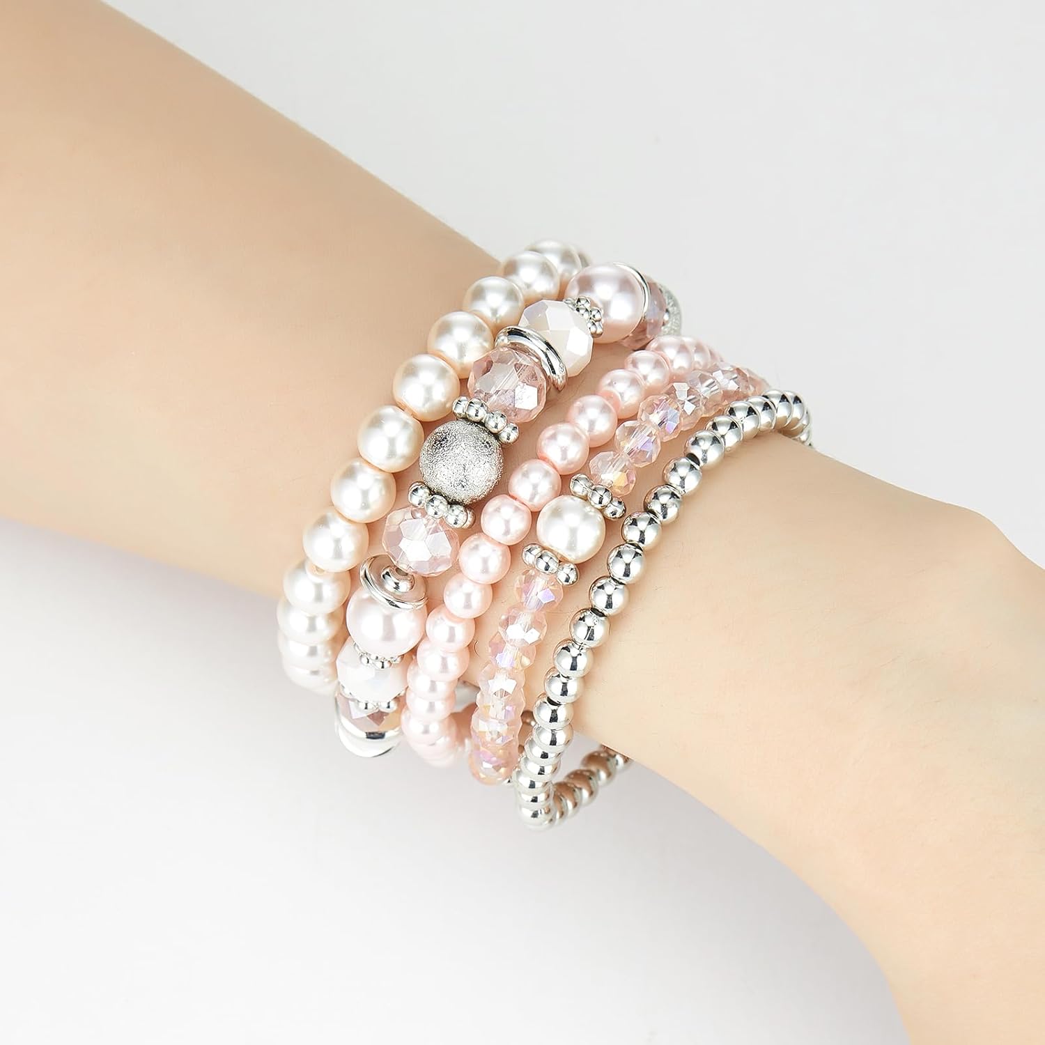 Noessla Beaded Pearl Stretch Bracelet Silver Stackable Crystal Beads Bracelets Trendy Costume Jewelry Mothers Day Gifts for Women - Image 3
