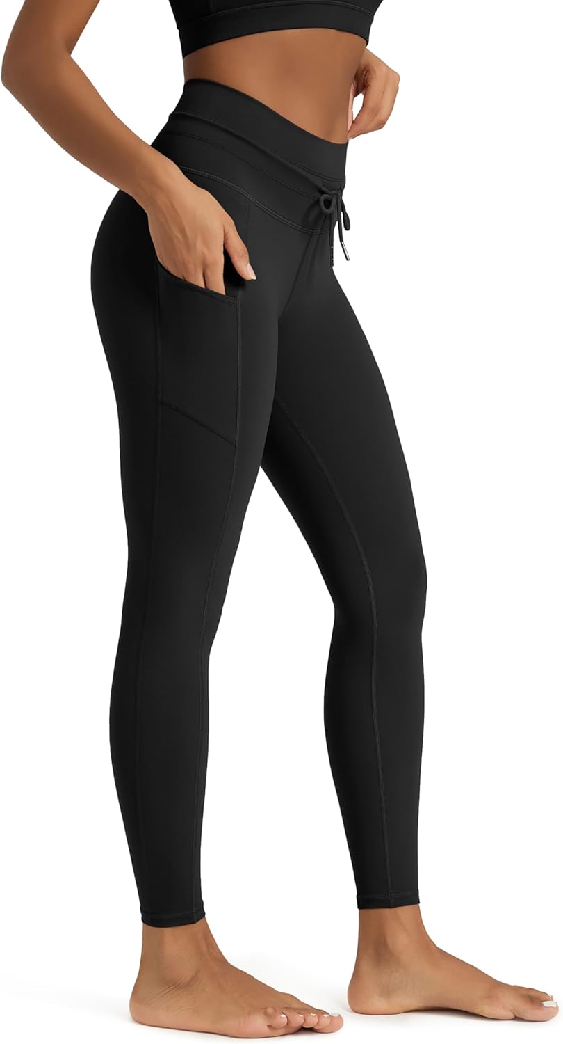 ODODOS Women's Drawstring Tie Pocket Leggings 25" / 28" High Waist Workout Yoga Pants