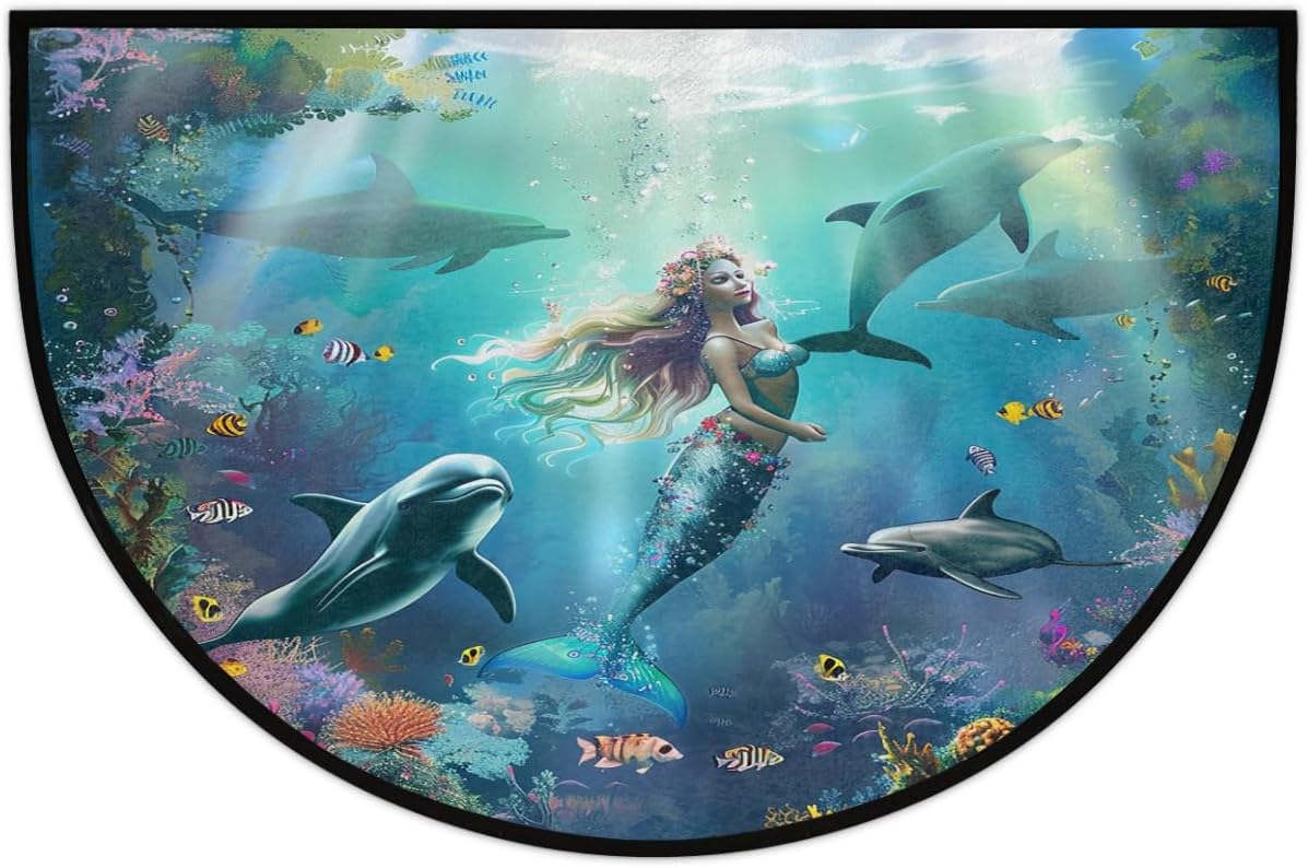 Half Round Door Mat Underworld Mermaid Non Slip Semi Circle Doormat, Ocean Sea Indoor Low Profile Front Door Mat for Outdoor Patio Porch Kitchen Bathroom Entryway Floor Mat