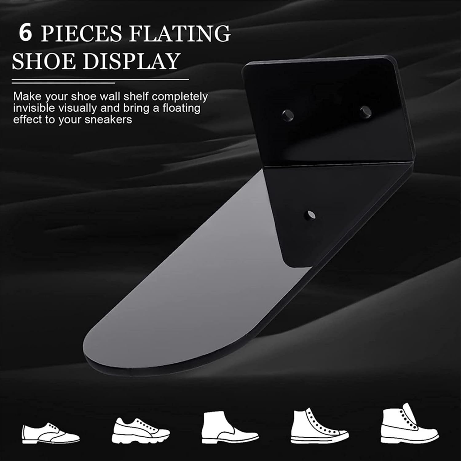 6PCS Floating Shoe Display, 7.9in Length Acrylic Shoe Shelves Wall Mounted Sneaker Display Hanging Sneaker Shelves Storage for Footwear Collection (Black)
